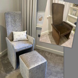 Complete transformation. We reupholstered this chair and make a matching footstool. Contact us to see how we can transform your furniture.